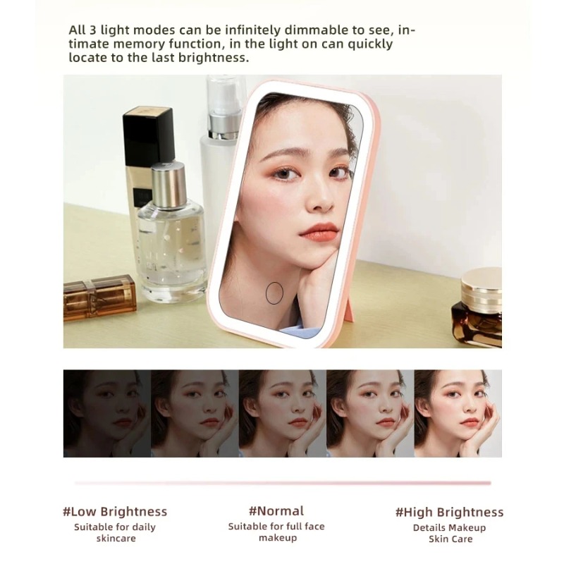 Espejo de maquillaje con pantalla táctil LED, espejo plegable, espejo de maquillaje iluminado, 3 modos de luz de colores, herramientas de espejo cosmético recargable por USB