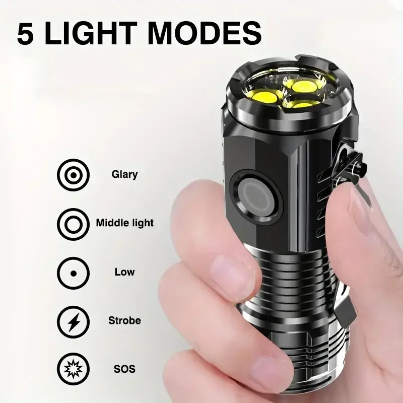 전술 USB 충전식 미니 손전등, 매우 밝은 야외 3 LED 토치 클립 자석 작업등, 하이킹 캠핑 자동차 수리용