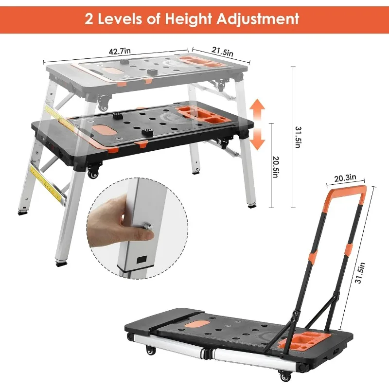 Multifunctional Folding Work Table, 7 in 1 Work Benches for Garage, as Portable Workbench, Sawhorse, Scaffold, with 4 Wheels