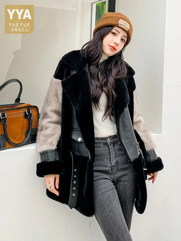 Mode Frauen Winter Nerz Pelz Patchwork Wolle Mantel Lose Fit Warme Echt Pelzmantel High Street Motorrad Stil Lammwolle Jacke