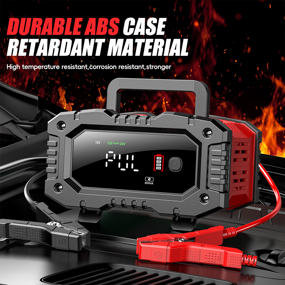 FOXSUR 2024 12V/24V 20A 車バッテリー充電器 LED 付き、パルス修理ウィンターモード AGM/LA/LiFePO4 用、トラックオートバイ用ポータブル