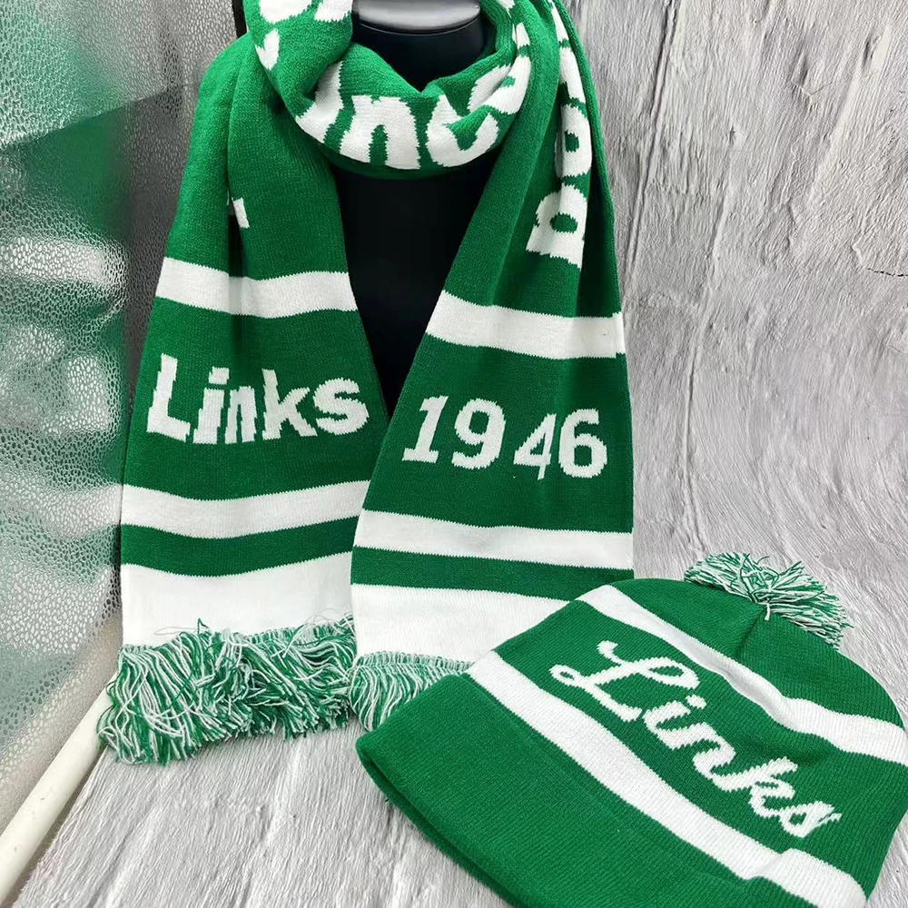 LINKS 1946 conjunto de gorro y bufanda de punto verde y blanco