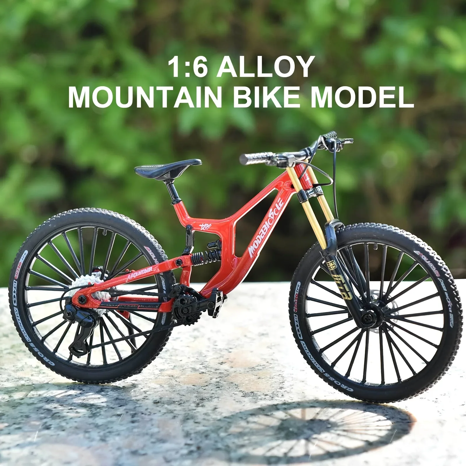 Modelo de bicicleta de montanha em liga escala 1:6, brinquedo de engrenagem realista com amortecedores dianteiros e traseiros para entusiastas de bicicletas