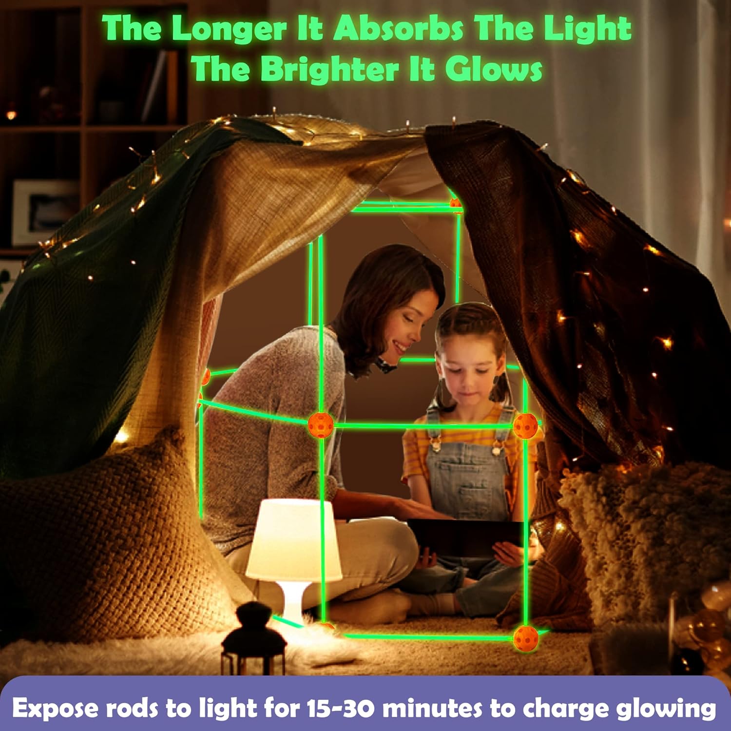 Glow In The Dark Fort Building Play Tent Kit for Kids Creative Set for Indoor & Outdoors Activity STEM Construction Toys Gift