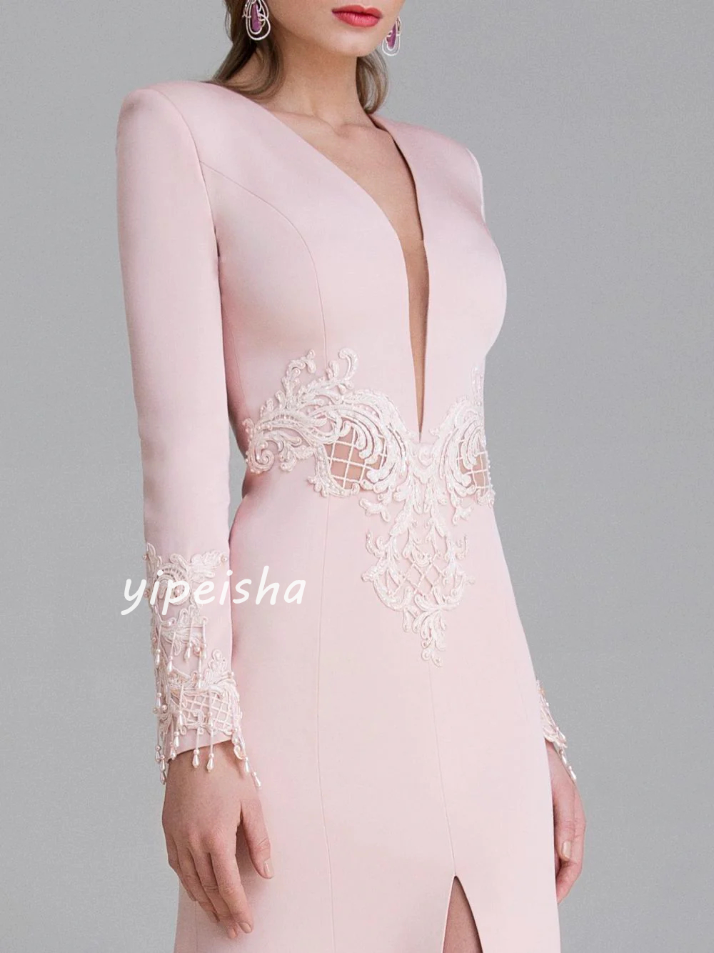 Personalizado de alta qualidade brilho requintado jérsei applique borla formal noite a linha com decote em v sob medida ocasião vestido vestidos longos