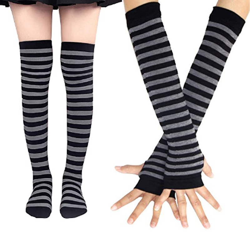 1 Juego de calcetines por encima de la rodilla de algodón con estampado de rayas largas hasta el muslo para mujer y niña, guantes con mangas para el brazo, calcetines por encima de la rodilla de talla grande