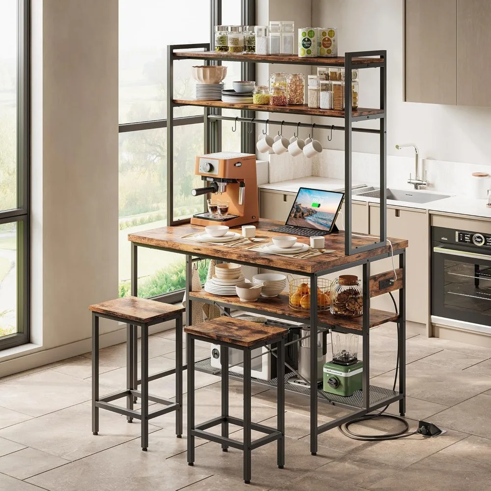 Kitchen Island with Stools,Dining Table Set with Storage and Power Outlet,Industrial Coffee Bar Table for Kitchen Dining Living