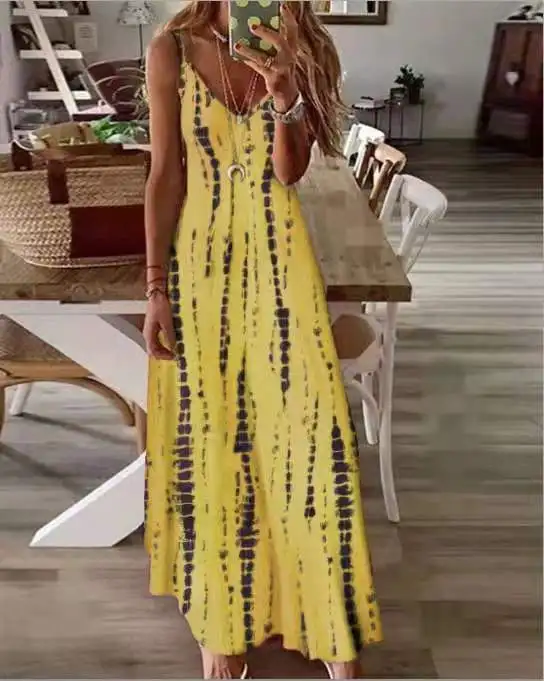 Europa en Amerika Plus Size Dames Zomer Nieuw Product Tie Dyed Print Grote zoom Hangende bandjurk