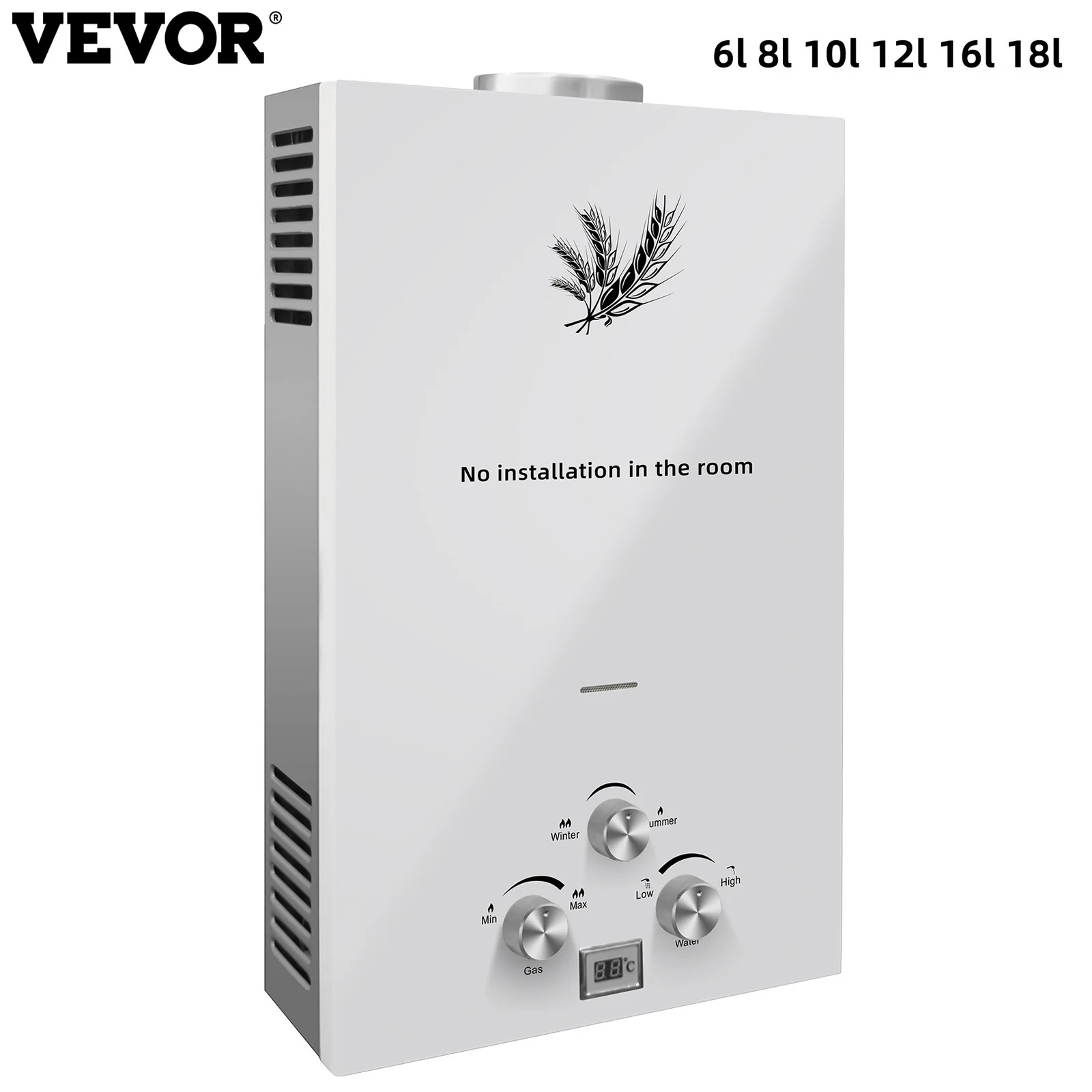 VEVOR Calentador de agua GLP Calentador de agua caliente Caldera 6L 8L 10L 12L 16L 18L Pantalla LED de acero sin tanque blanco