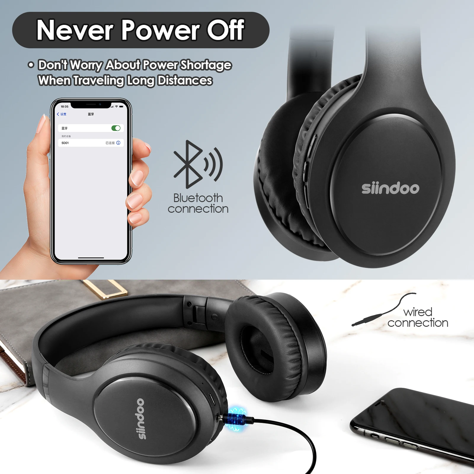 Siindoo JH-919 Cuffie wireless pieghevoli, auricolari stereo Bluetooth Super Bass con microfono 4 colori per PC portatile Iphone