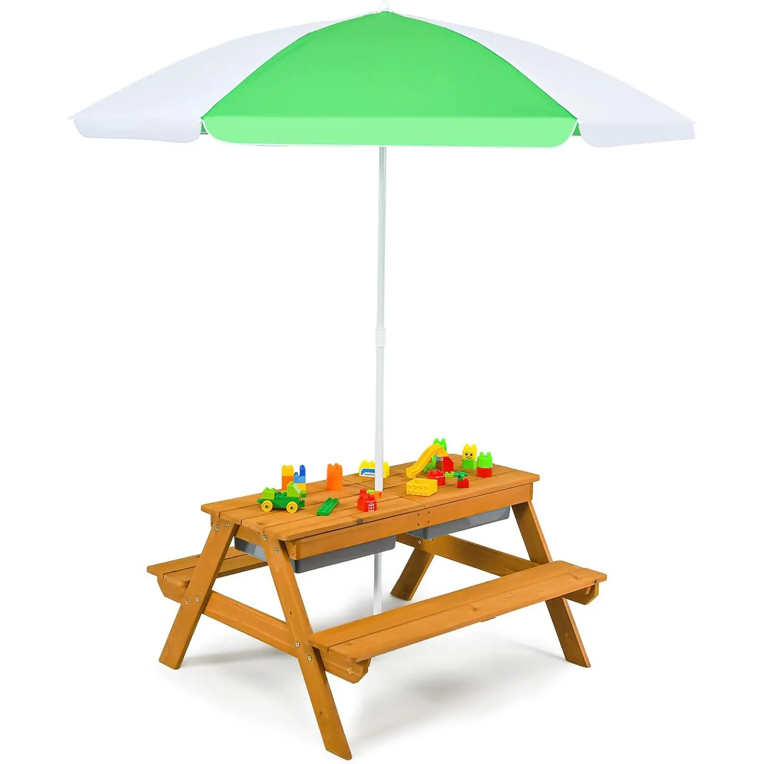 Tavolo da Picnic per bambini 3 in 1, panche, Set di sedute per bambini in legno con piano del tavolo rimovibile e 2 scatole da gioco