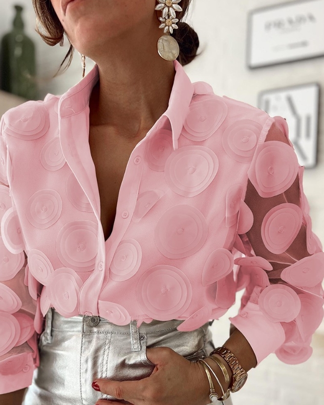 Blusas elegantes holgadas con botones informales para mujer, Top de manga larga con estampado Floral a la moda, diseño de parche de malla semitransparente