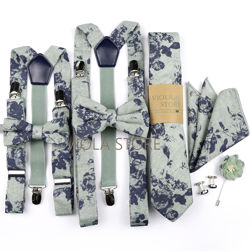 Nueva flor de algodón 2,5 cm tirantes 6,5 cm corbata Hankie hombres chico arco conjunto flor verde corbata tirantes accesorio de regalo de fiesta de boda