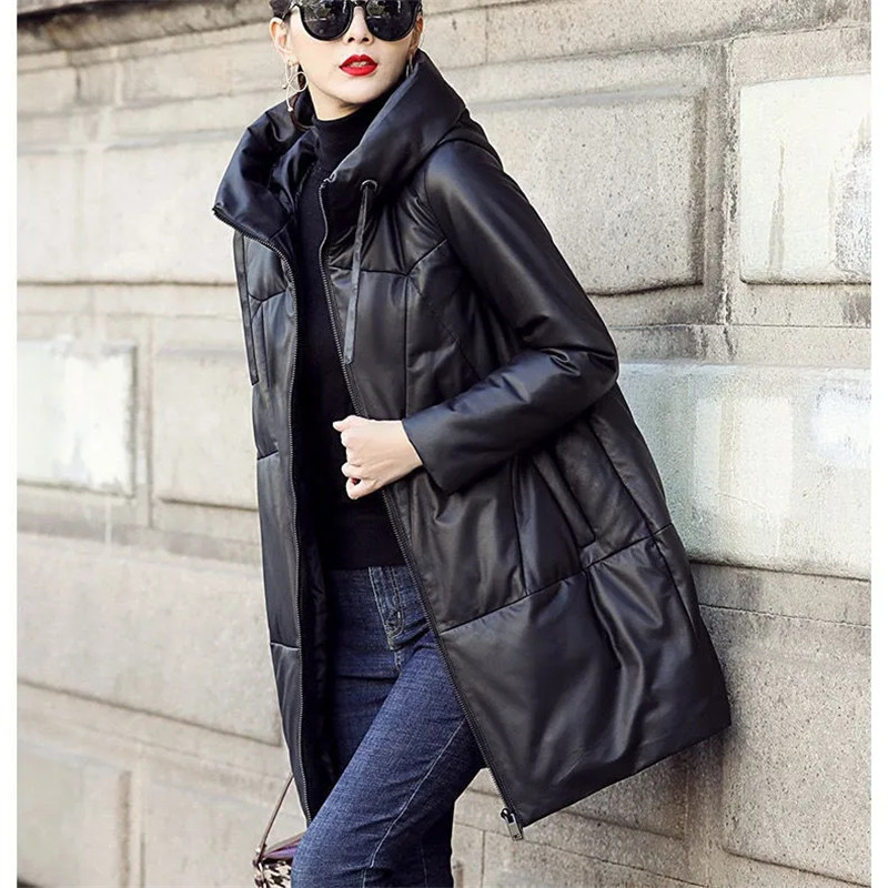Parkas gruesas para la nieve, chaqueta de cuero PU con capucha cálida para mujer, abrigo largo holgado negro, abrigo de cuero de algodón a prueba de viento para mujer