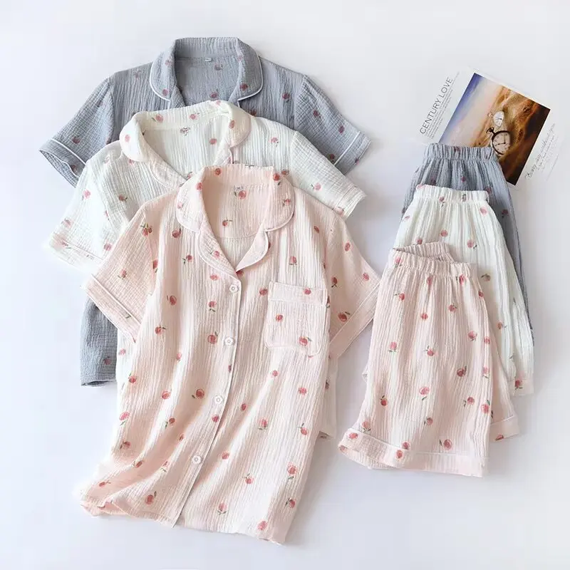 Ensemble pyjama Short à manches courtes pour femme, tissu crêpe 100% coton, fin, Service à domicile, deux pièces, ample, printemps et automne, été 2025
