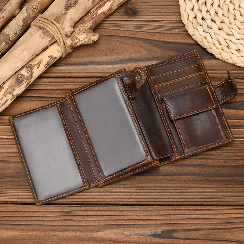 Cartera de cuero genuino de alta calidad para hombre y mujer, billetera corta de cuero genuino RFID con múltiples ranuras para tarjetas, monedero con botones para hombre