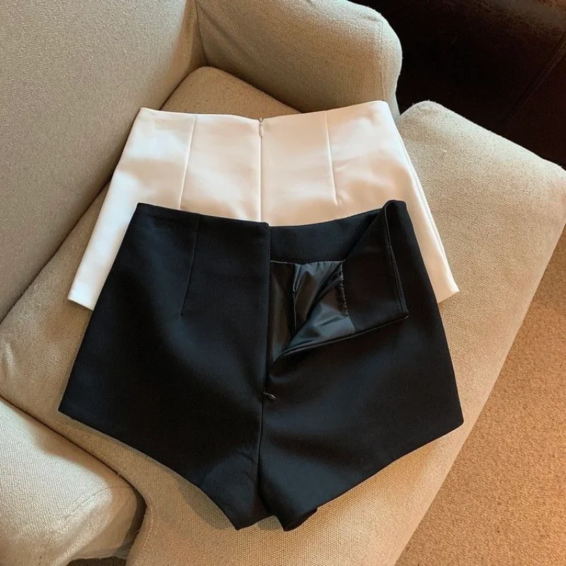 Casualowe czarne szorty garniturowe z szerokimi nogawkami Feminino Women Wild Pantalones Cortos De Mujer Seksowny zamek błyskawiczny z wysoką talią