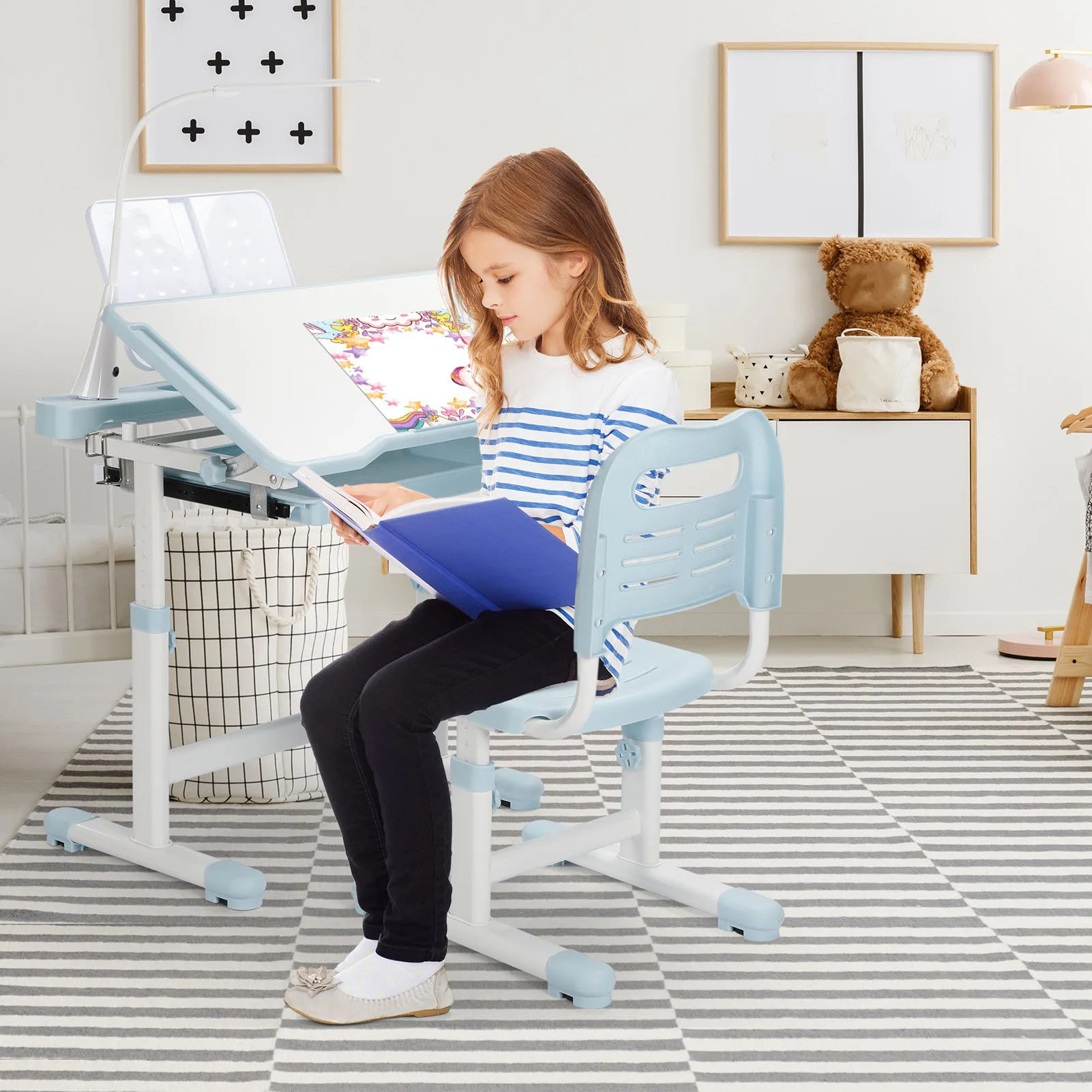 Conjunto de mesa e cadeira para crianças, mesa e cadeira de estudo escolar com altura ajustável com 55 °   Desktop inclinável, 3 modos e 3 lâmpadas LED de brilho,