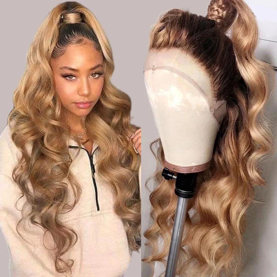 Onda do corpo loira peruca dianteira do laço, cabelo humano laço frontal perucas, raízes escuras, peruca loira sem cola, 30 Polegada, HD