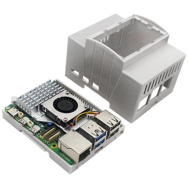 ABS-Gehäuse für Raspberry Pi 5, DIN-Schienengehäuse, großer Innenraum, durchsichtige Fenster-Elektrobox, optionaler aktiver Kühler für RPi 5 Pi5