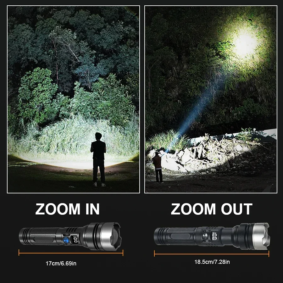 Linternas LED recargables de nueva actualización de 1000 000 000 000lm, 3 modos de iluminación, batería de 21700 de linterna con zoom telescópico