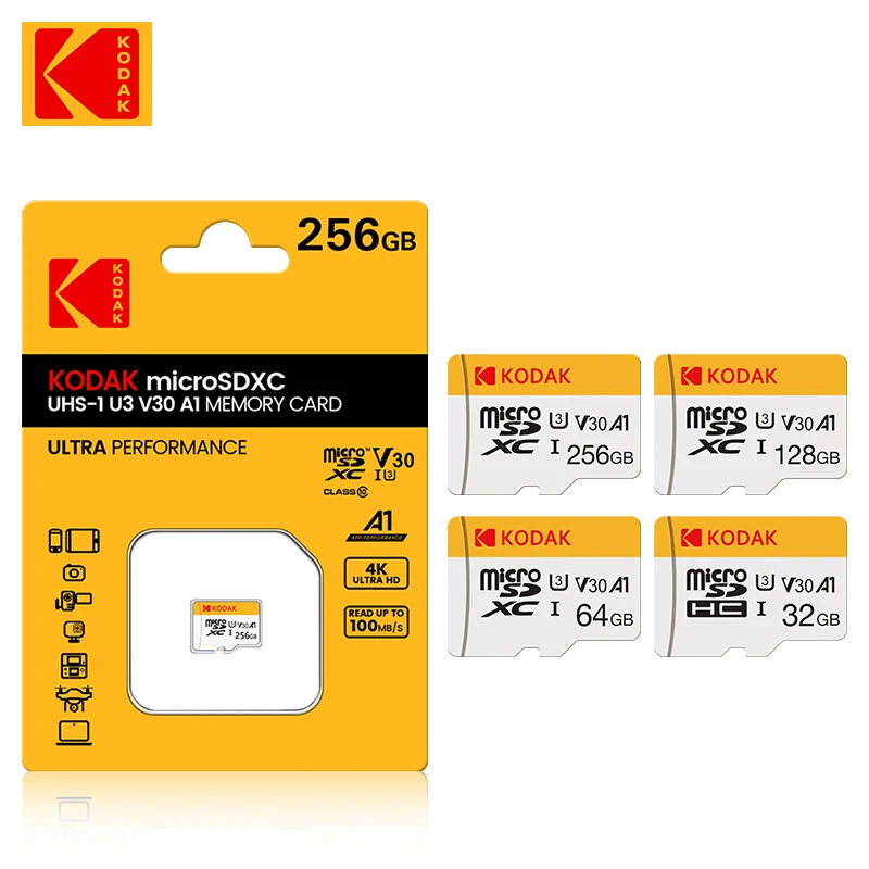 Carte mémoire d'origine KODAK 64 Go 128 Go 256 Go U3 4K Micro SD 32 Go SDHC UHS-I C10 A1 V30 TF SancFlash Microsd