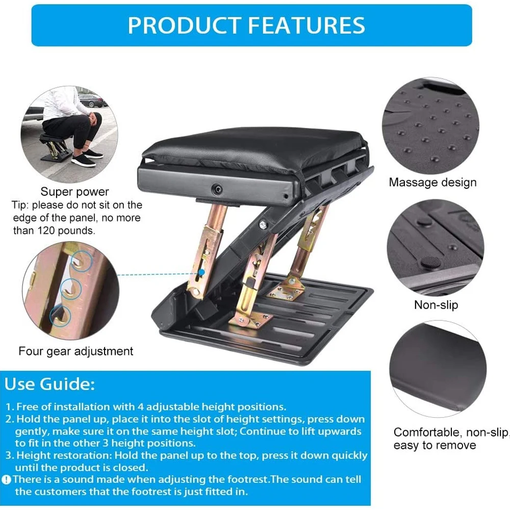 Apoio para os pés ajustável com almofada removível e macia para descanso dos pés, carga máxima de 120 libras com contas de massagem para carro, casa, altura de 4 níveis