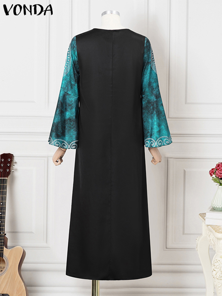 プラスサイズ VONDA 女性ヴィンテージマキシロングドレス 2024 ボヘミアンプリントサンドレスエレガントなフレア長袖ルーズローブカジュアル Vestido