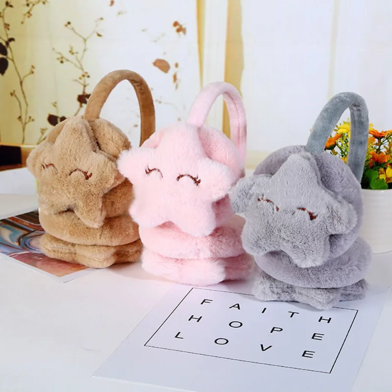 Orejeras de felpa con cara sonriente de estrella para exteriores, accesorios suaves, gruesos y cálidos, orejeras sólidas para auriculares para niños y niñas, invierno