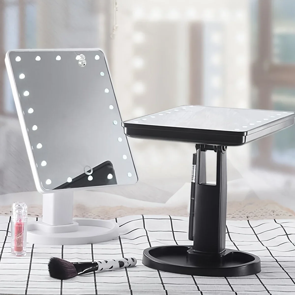 1pc LED 메이크업 거울 테이블 유형 가벼운 메이크업 회전 스토리지와 단일 측면 휴대용 데스크탑 뷰티 미러