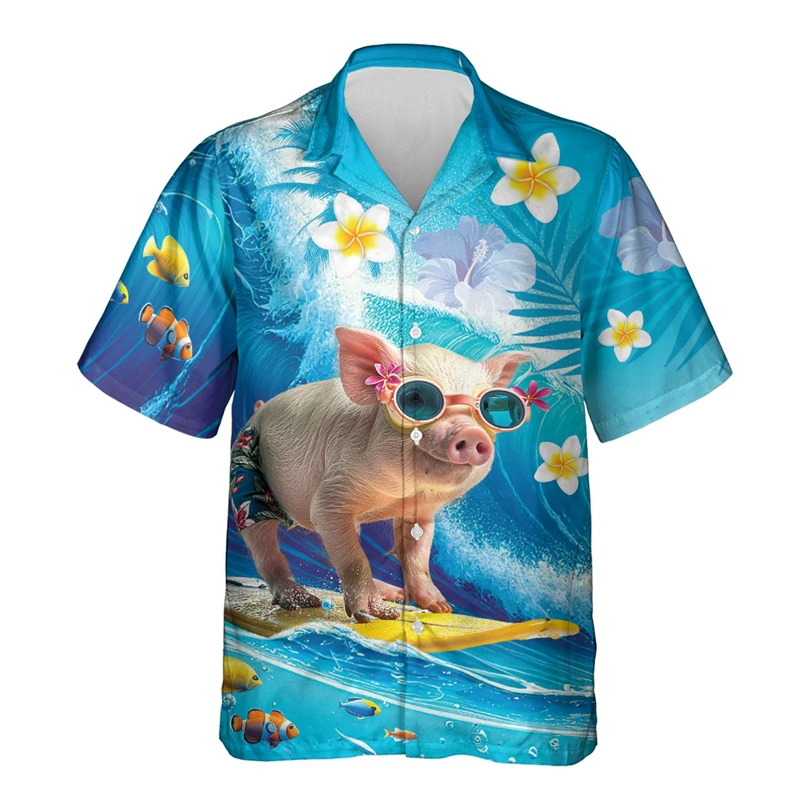 Divertente animale maiale 3D stampato camicia da spiaggia carino Pet Graphic camicie per gli uomini vestiti Casual hawaiano surf manica corta ragazzo camicette