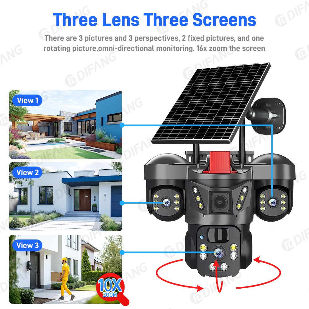 8K 15MP Wireless WiFi Solar Camera Three Lens Three Screen 4G Sim Card Solar Cam Human Detection Outdoor Solar Surveillance V380