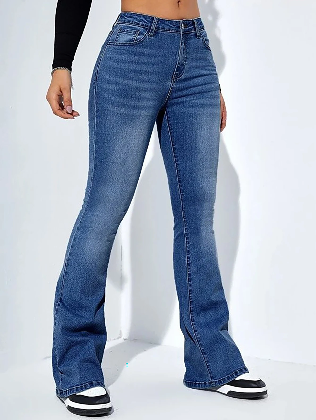 Damesjeans hoge taille stretch comfortabele uitlopende broek Denim broek