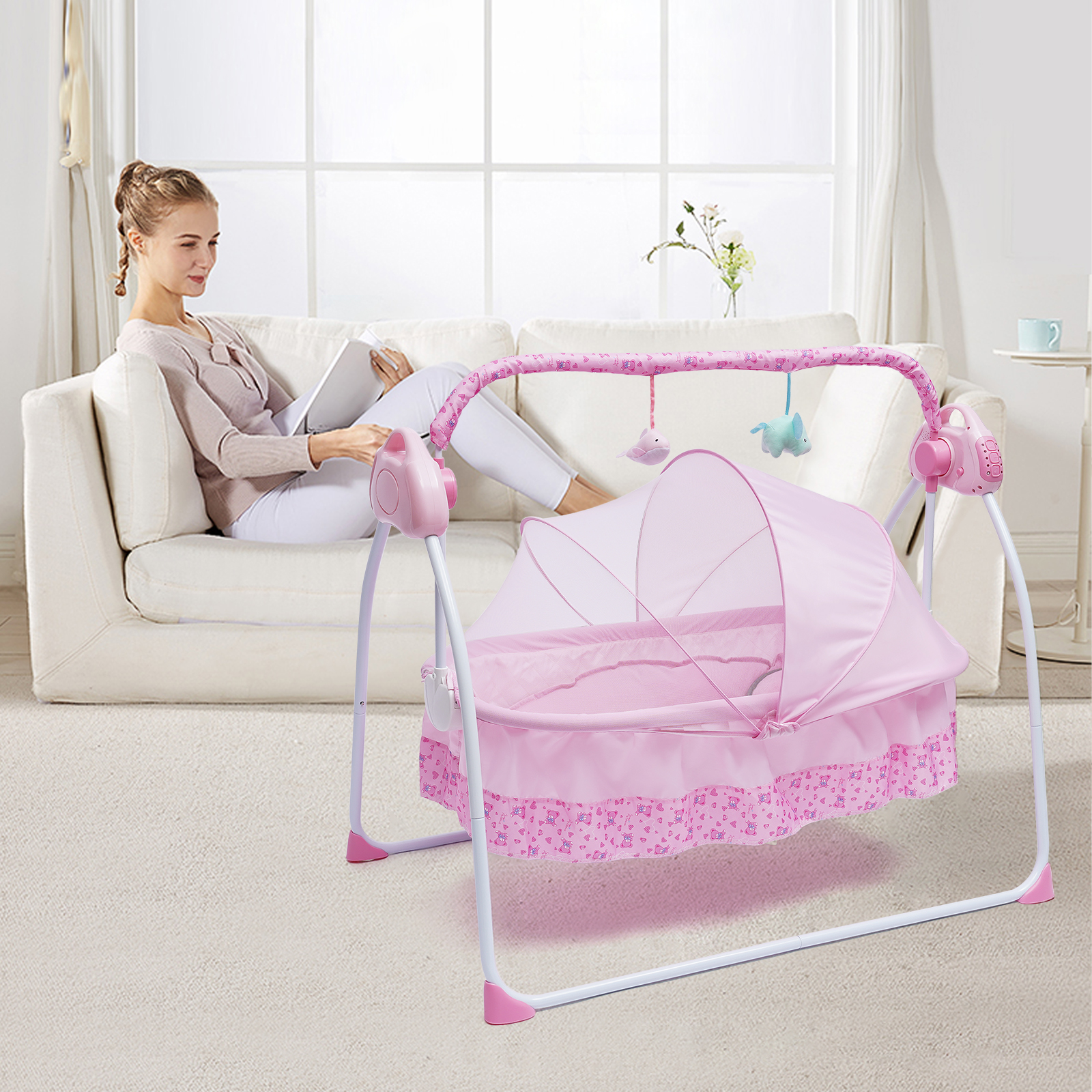 Berceau électrique à balançoire automatique pour bébé, lit de sommeil CPull, bascule pour bébé, musique Bluetooth Net, réglable, polymères, 5 vitesses