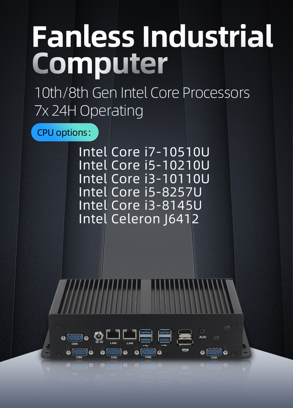 Бесвентиляторный промышленный мини-ПК Intel 10th/8th i5 i7 6x COM RS232/422/485 TTL 2x Ethernet 8xUSB HDMI DP LVDS WiFi 4G 5G LTE SIM