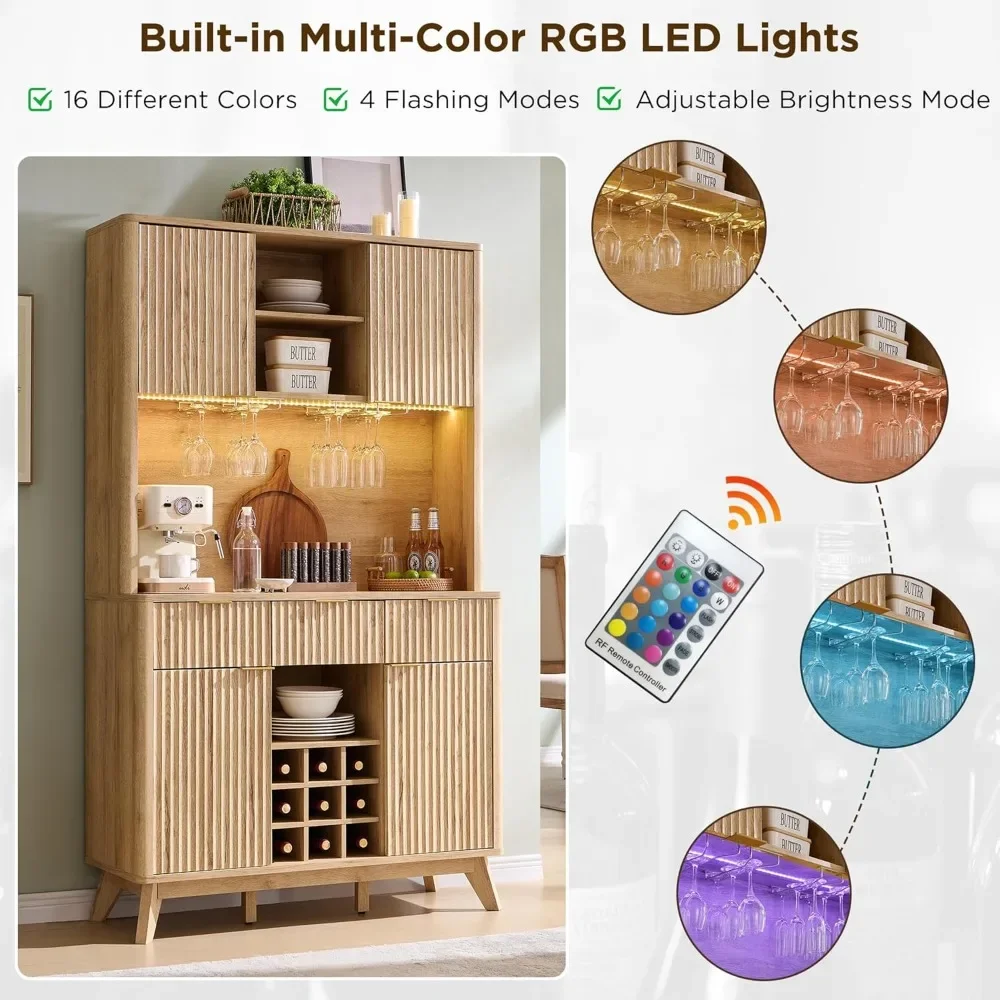 72 Inch High Bar Cabinet with Storage, Modern Wood Coffee Bar Cabinet with LED Lights and Storage Racks