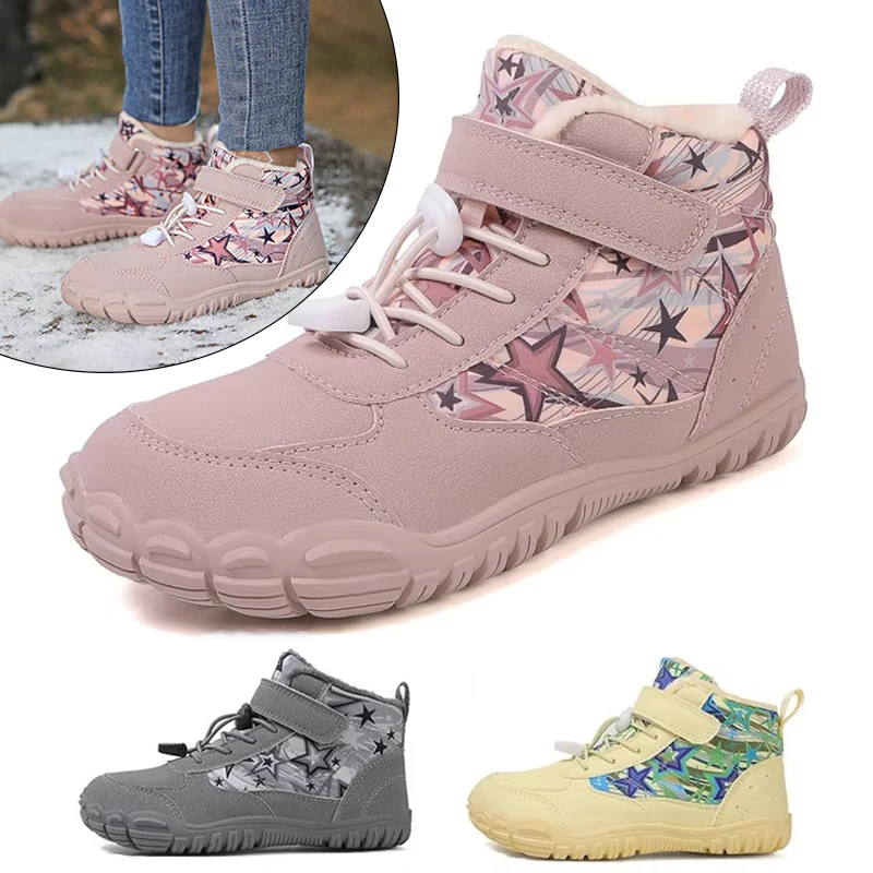 Wasserdichte Barfuß-Schneestiefel für Kinder, 2025, neue Winter-warme, mit Fell gefütterte Schuhe mit breitem Zehenbereich für Jungen und Mädchen, Outdoor-Turnschuhe für kaltes Wetter