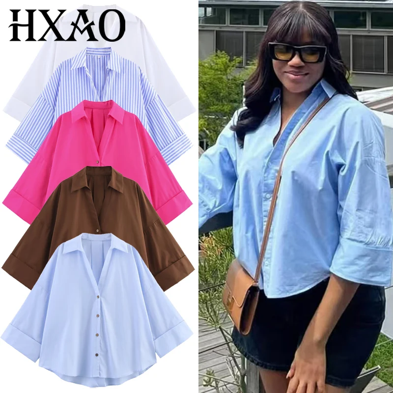 Hxao 2025 camisa feminina verão colheita camisas e blusas de grandes dimensões branco azul rosa marrom camisa listrada elegante blusas de manga longa