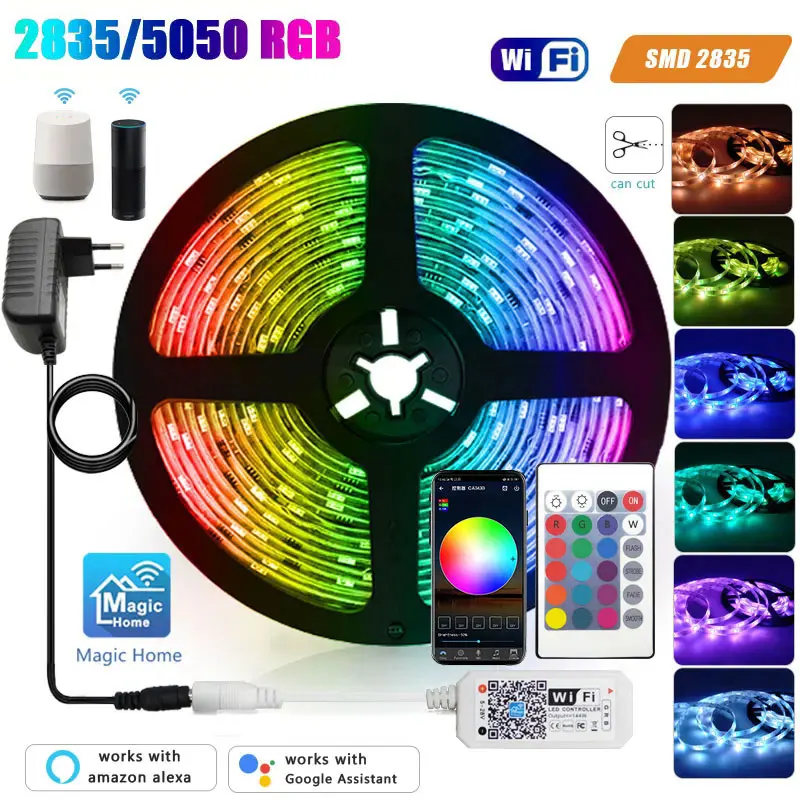 Luz de tira conduzida 12v 5050 2835 rgb auto-adesivo inteligente wifi fita 5m 10m 15m 20m 25m 30m à prova dwaterproof água ao ar livre sala luz de natal