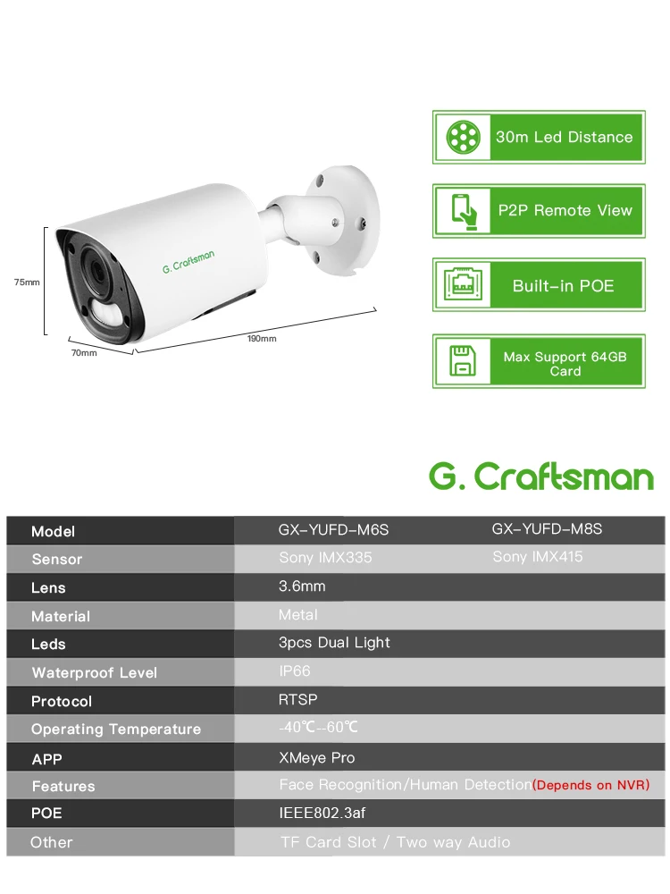 C 6MP/8MP IP-Kamera POE Audio, TF-Kartensteckplatz, Bewegung/Warnung, ONVIF, CCTV-Sicherheitsüberwachung Home G.Craftsman