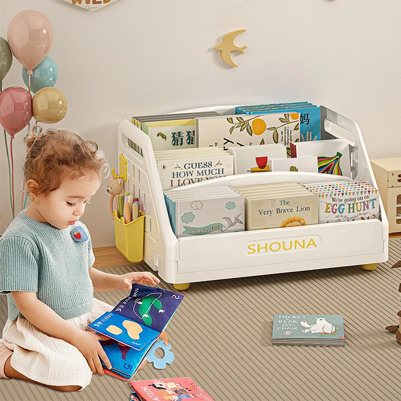 Estante para livros ilustrados infantis, rack de armazenamento para dormitório, pequena prateleira de mesa dobrável, área de leitura para casa