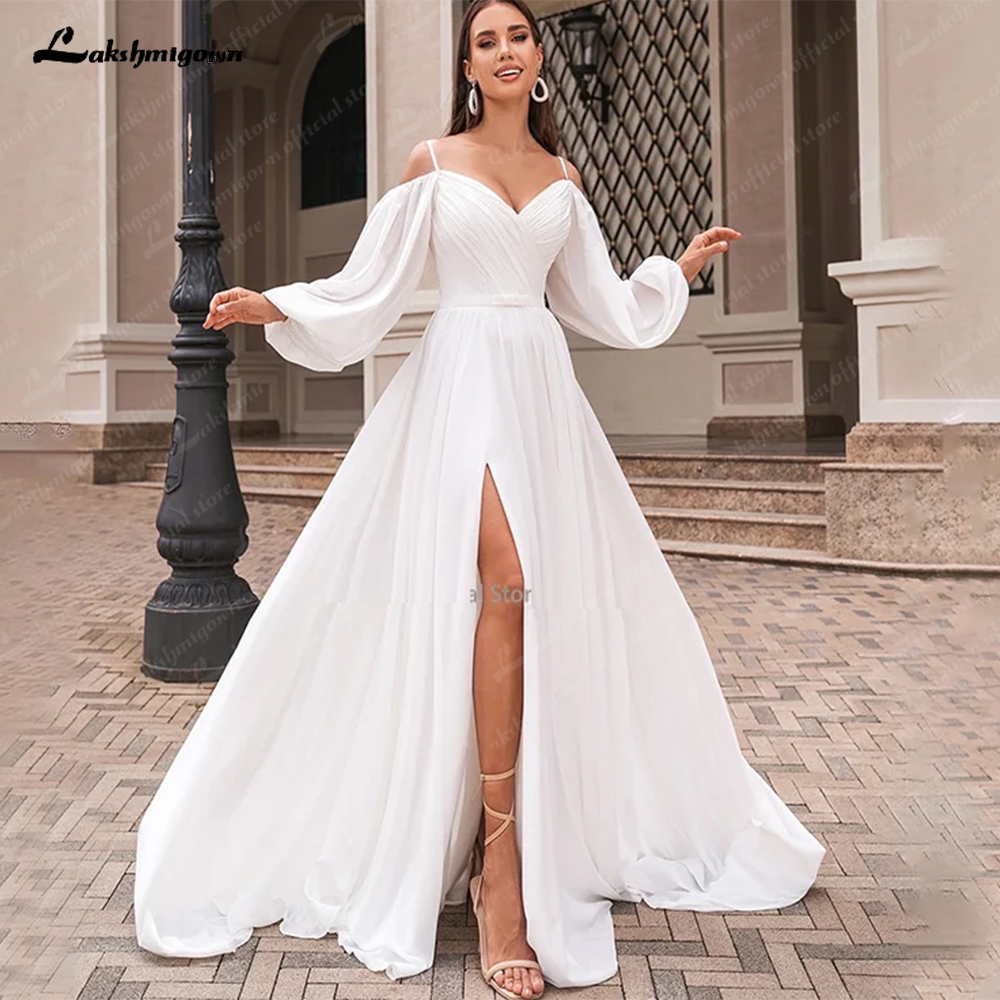 Lakshmigown A-Linie Damen Chiffon Brautkleider Maßgeschneiderte Seitenschlitz Braut Kleider U-Boot-Ausschnitt Lange Ärmel Vestidos Novias Boda