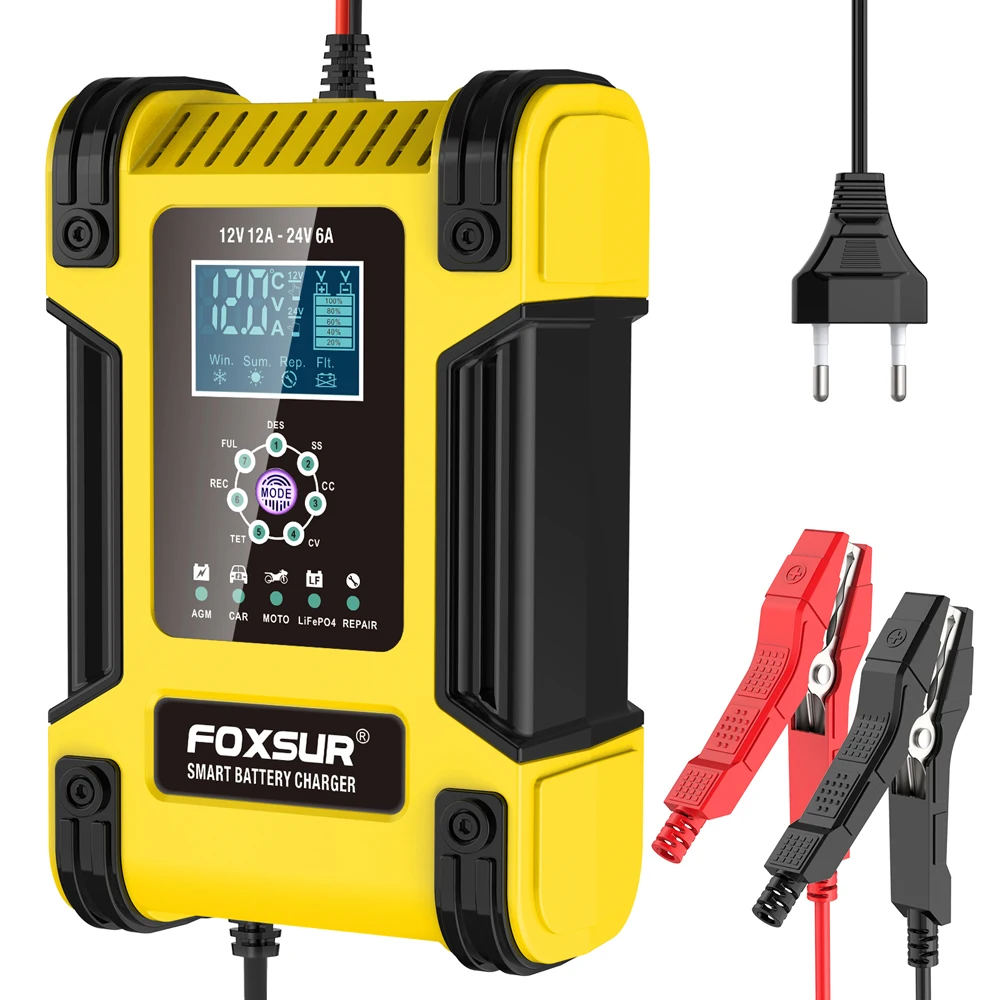 Foxsur Vollautomatisches Autobatterieladegerät, 12 V, 12 A, Digitalanzeige, Batterieladegerät, Power Pulse Repair Ladegeräte, Nass- und Trocken-Blei-Säure