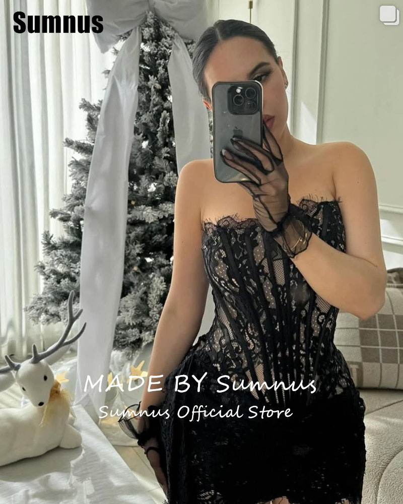 SUMNUS ลูกไม้สีดําสั้น Mermaid PROM Dress Elegant Strapless เซ็กซี่ชุดราตรี Gowns อย่างเป็นทางการ 2025 ที่กําหนดเอง