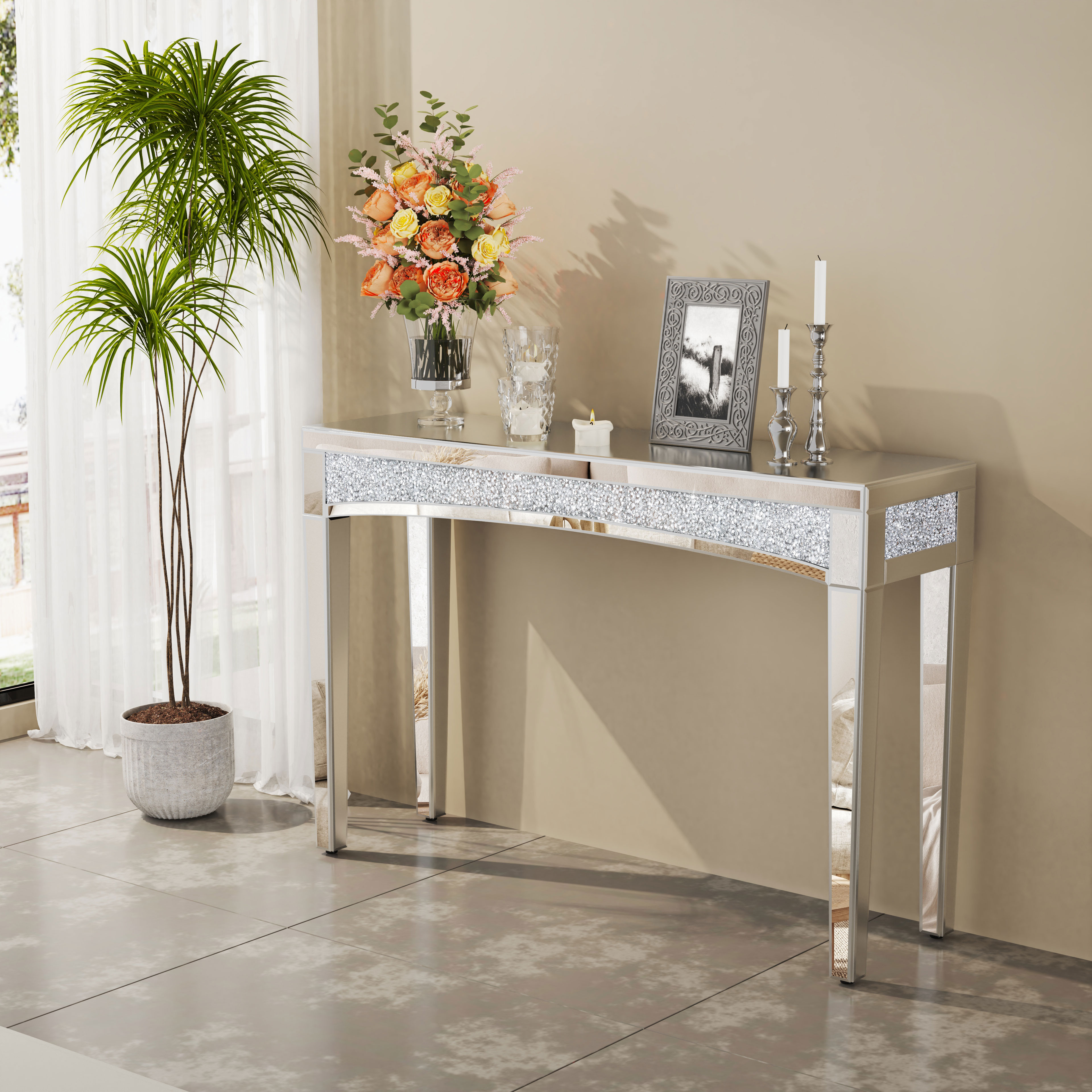 47.2 "scrivania a specchio argento consolle specchio divano tavolo con intarsio in cristallo anteriore per soggiorno, ingresso, Foyer
