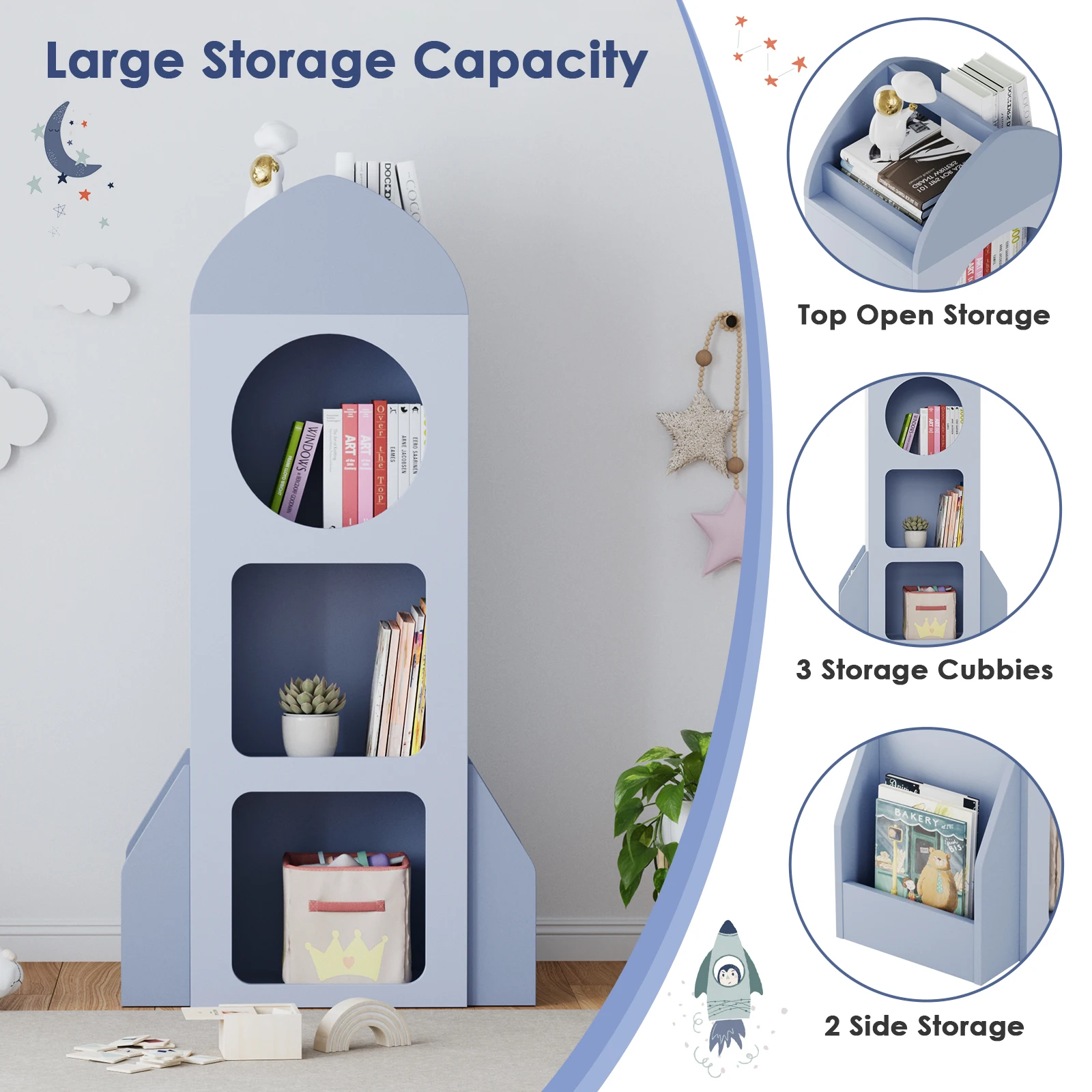 Kids Bookshelf & Toy Storage, 3-Tier Rocket Baby Book Shelf Side shelves, Wood Open Toddler Bookcase, Spacious Display Organizer
