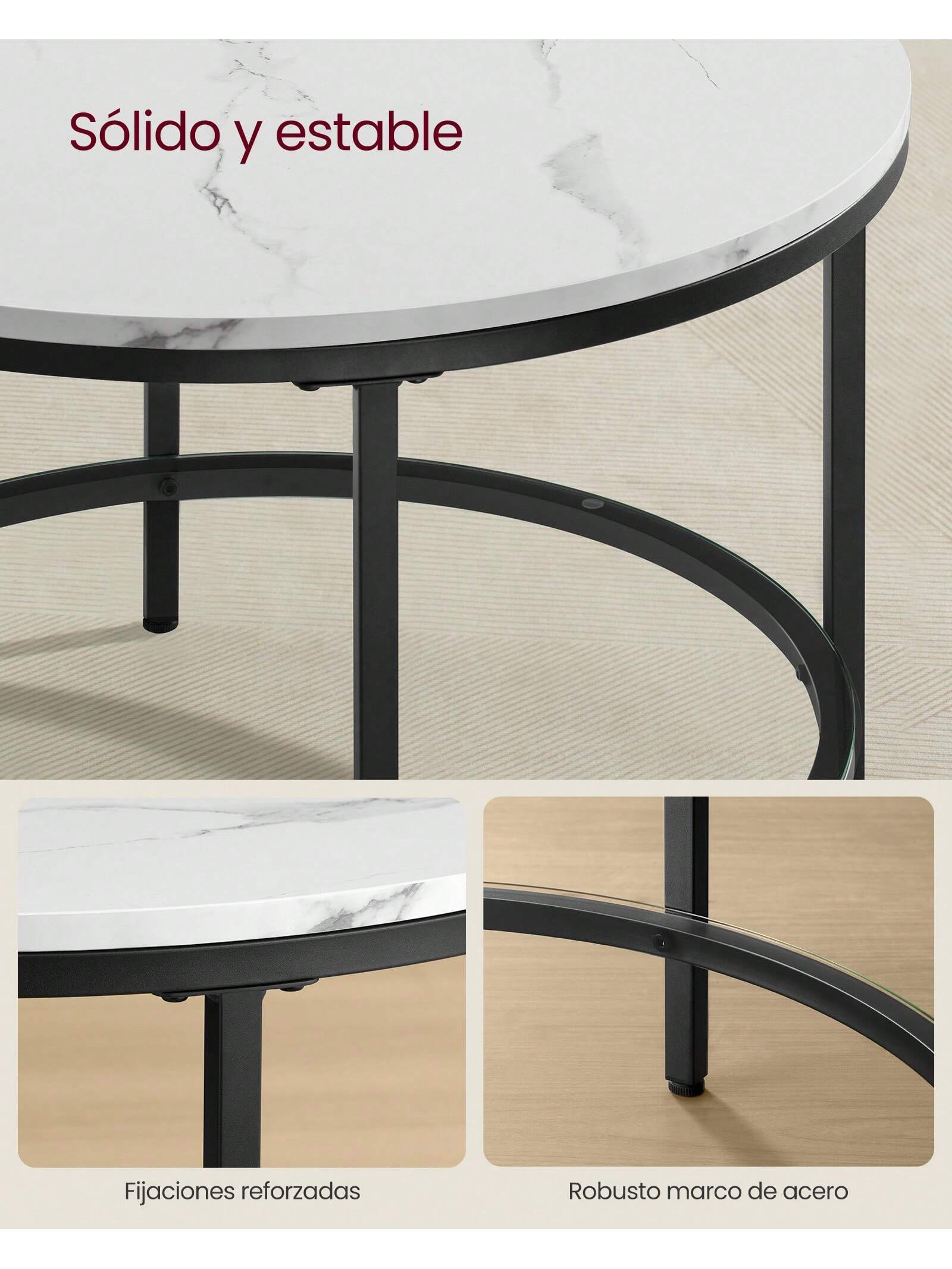 Mesa de centro VASAGLE: parte superior redonda de mármol de imitación, estante de cristal Montaje fácil, estilo moderno para sala de estar. Mármol Blanco/tinta negra