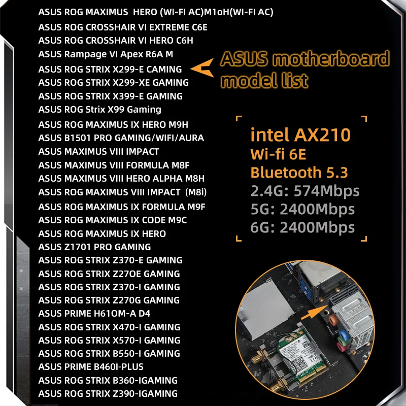 Wi-Fi-карта Intel AX210 AX210ngw WFi6E Беспроводная сетевая карта Bluetooth 5.3 Wi-Fi-адаптер для ASUS B550 X570 Z270 X99 V-M.2 WiFi Go
