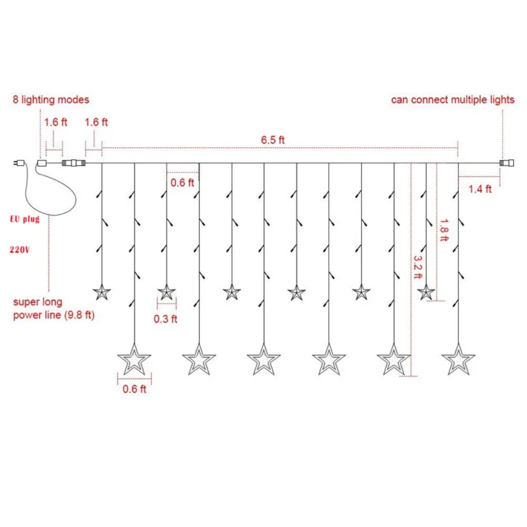 Stern-Curstain-Licht, 4,5 m, 138 LEDs, Lichterkette für Zuhause, Party, Hochzeit, Dekoration, Beleuchtung