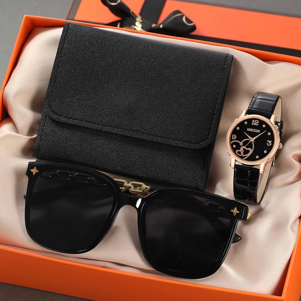Frauen Mode Leder Gürtel Uhren & Einfache Herz Brieftasche Gläser Sonnenbrille Set Damen Quarz Armbanduhren Kleid Montre Femme